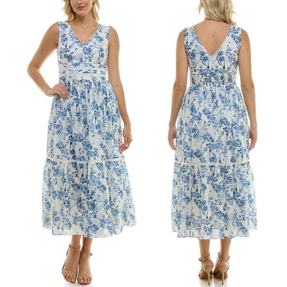 Taylor Blue and White Floral Midi Dress